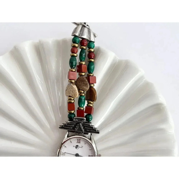 Thunderbird Beaded Silvermoon Vintage Sterling Adjustable Wristwatch 23mm Works! - Picture 4 of 10